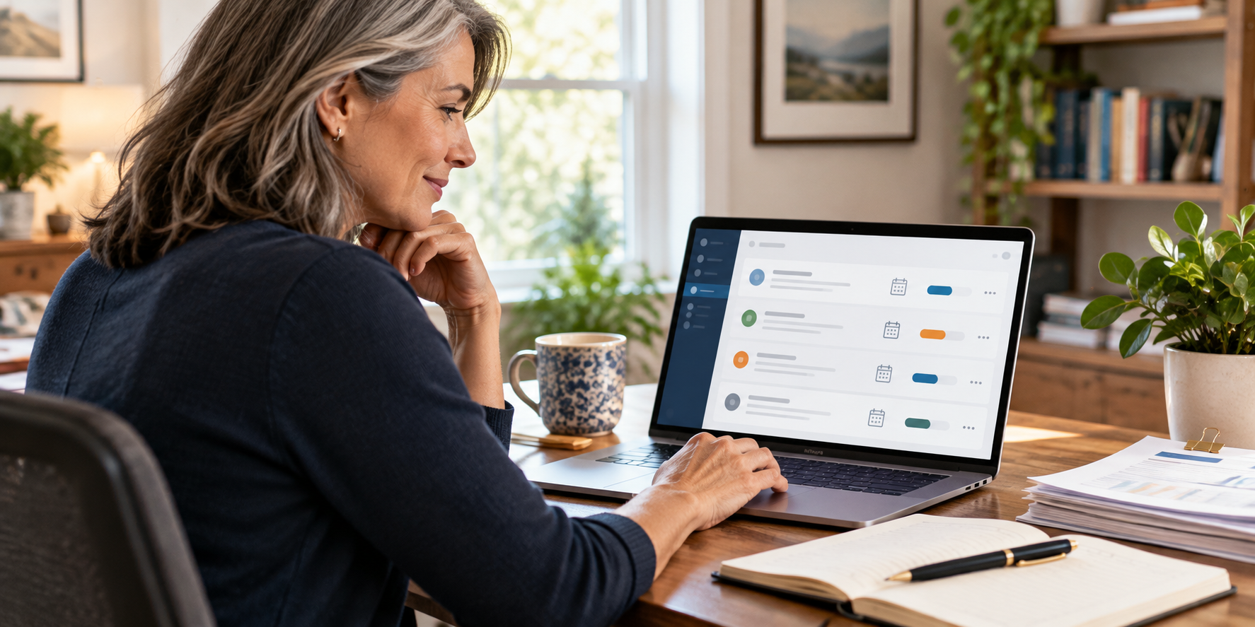 An experienced professional organizing job applications on a laptop from a home office
